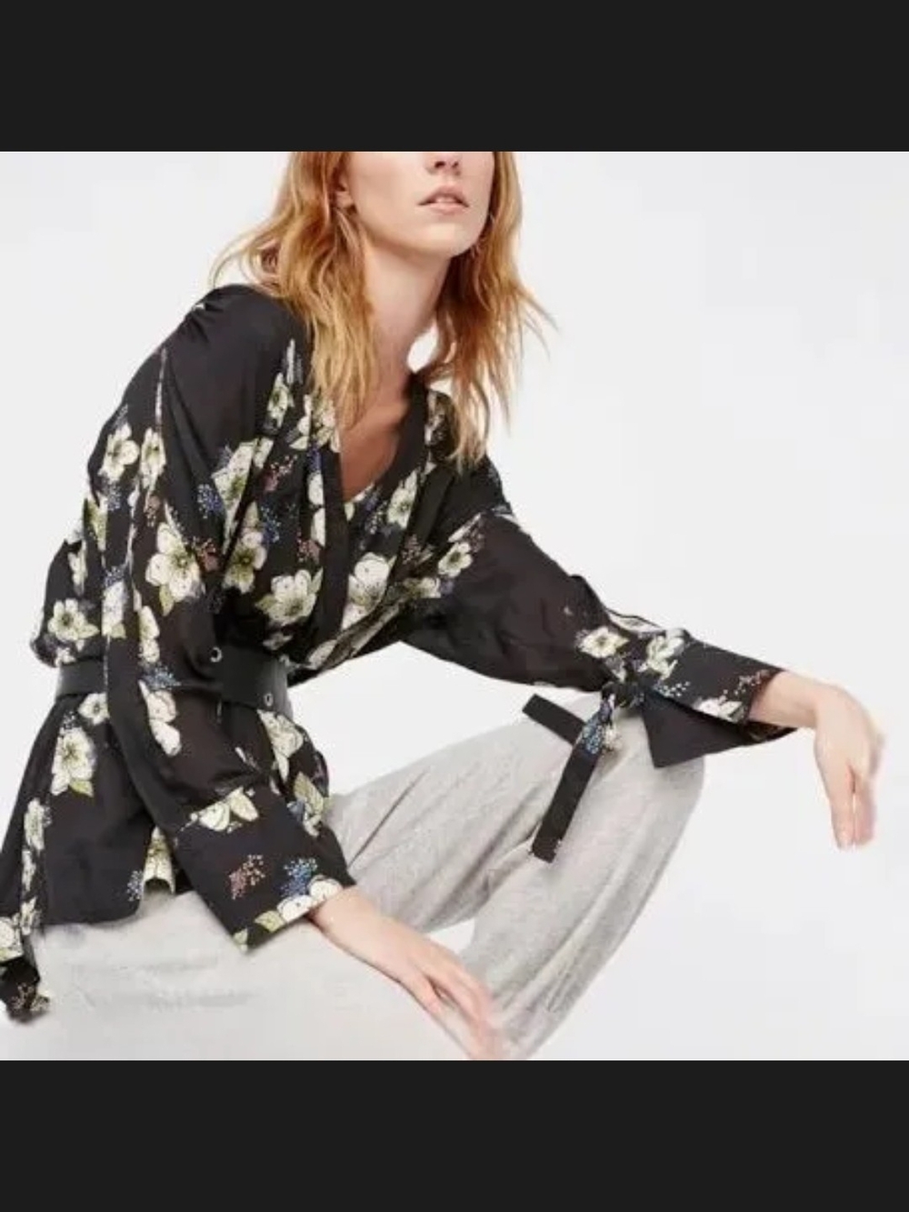FREE PEOPLE TUSCAN DREAMS Black Floral Long Sleeve tunic fits 6